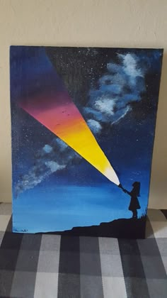 a painting of a person holding a lightening bolt in the night sky with clouds