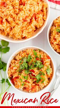 mexican rice in white bowls with cilantro on the side