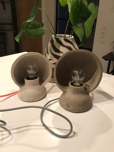 two gray vases sitting on top of a table next to a telephone cord and a green plant