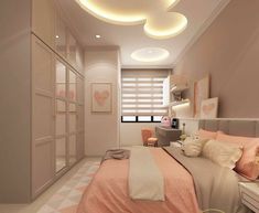 a bedroom with pink and white decor in the ceiling, along with an open closet