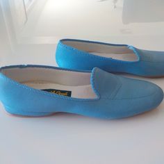 Comfortable Light Blue Leather Around The House Or Out Of The House Slippers Padded Insole With Arch Support - Rubber Bottoms - Small 3/4" Heel Size 7 - New Without Tags (Never Worn) Great Gift! Blue Closed Toe Slip-ons, Blue Slip-on Moccasins, Blue Closed Toe Slip-ons With Leather Sole, Blue Slip-on Loafers With Rubber Sole, Blue Flat Slip-on Moccasins, Blue Slip-on Moccasins With Rubber Sole, Blue Slip-on Moccasins For Spring, Blue Closed Toe Loafers With Rubber Sole, Blue Round Toe Moccasins For Galas