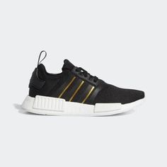 Brand new with box, soles have some marks from being tried on. Size 10.5 women Adidas Nmd R1 Black, Black And Gold Shoes, Adidas Nmd_r1, Adidas Originals Nmd, Fresh Sneakers, Adidas Nmd R1, Nmd R1, Workout Shoes, Gold Shoes