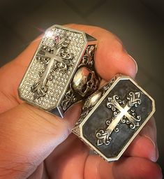 RING PROFILE: 🔱 This ring symbolizes the Christian Cross and resembles a shield or an old church door or tomb with it unmistakable gothic characteristic. Inside the ring we cut in the Knights Templar insignia featuring 2 templars sharing one horse with the inscription: sigillum militum xpisti (seal of the soldier of Christ). 🔱This cross ring measures at around 40 mm in length at size US 11*, weighs at approx. 90 grams of sterling silver, it's a true conversation piece crafted to be worshipped. Gothic Engraved Rings For Anniversary, Gothic Hallmarked Rings For Collectors, Collectible Gothic Rings With Polished Finish, Crusader Cross, Church Door, The Soldier, Exotic Jewelry, Metal Skull, Tarnish Remover