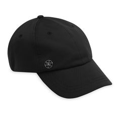 a black baseball cap with a white logo on the front and side panel, sitting on top of a white surface