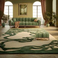 a living room filled with green furniture and decor on top of a white carpeted floor