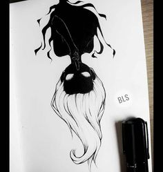 a black and white drawing of a woman's head with long hair, wearing a witch hat