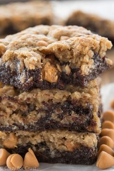 chocolate chip cookie bars stacked on top of each other