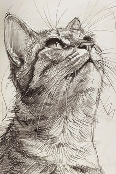 a pencil drawing of a cat looking up