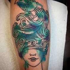 a woman's head with waves and an arrow tattoo on her leg, done in watercolor