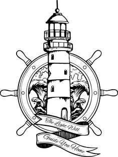 a black and white drawing of a lighthouse with a ribbon around it's neck