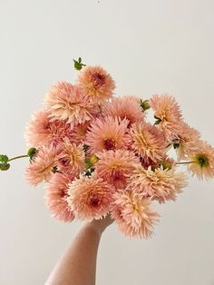 a vase filled with lots of pink flowers on top of a white table next to a wall