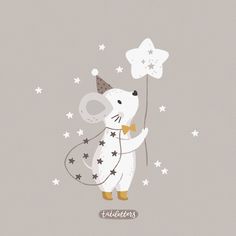 a white bear holding a balloon with stars on it's head and wearing a party hat