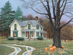 a painting of a house with pumpkins on the ground next to it and a tree