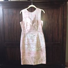 I Am So Sad To Be Listing This Gorgeous Dress! It Is New With Tags And Labeled An Italian 44/Us 10, But It Runs Very Small. Please See Measurements For Accurate Sizing. It Is A Beautiful Light Pink, Light Brown, And Ivory Pattern - The Body Of The Dress Is Cotton, And The Upper Part (Around The Shoulders & Dcollet) Is Silk. The Tag Reads 74% Cotton, 26% Silk. It Is Too Beautiful To Pass Up! Measurements; Length: 38.5” Bust: 18” Pit To Pit Waist: 15” Across Hips: 19” Across Pink Silk A-line Midi Dress, Pink Sheath Midi Dress With Fitted Bodice, Pink Fitted Sheath Midi Dress, Pink Fitted Sheath Dress, Pink Silk Feminine Dress, Feminine Pink Silk Dress, Pink Silk Dress For Spring, Pink Silk Dresses For Spring, Feminine Lined Pink Dress