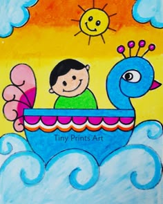 a drawing of a boy in a boat with a bird on the front and sun behind him