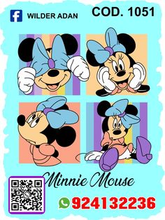 an advertisement for a minnie mouse restaurant with the character's face in four different poses