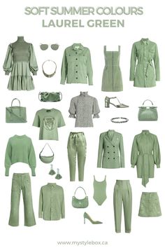 Green For Soft Summer, Soft Summer Green Colour Palettes, Muted Green Outfit, Soft Summer Academia, Soft Summer Summer Outfits, Soft Summer Pallete Outfits, Summer Colour Outfits, Soft Summer Autumn Outfits, Muted Summer Color Palette Outfits