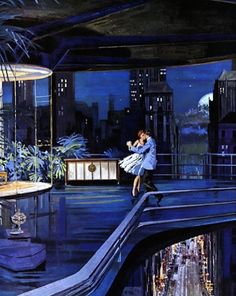 a painting of a man and woman dancing on a bridge in the city at night