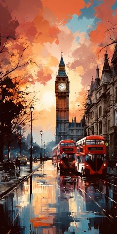 two red double decker buses driving down a street next to a tall building with a clock tower