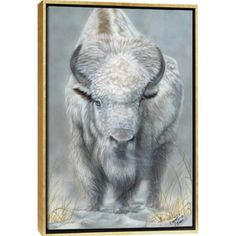 a painting of a bison standing in the snow, looking at the camera with an alert look on its face