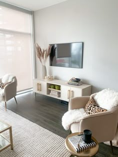 a living room filled with furniture and a flat screen tv on top of a wall