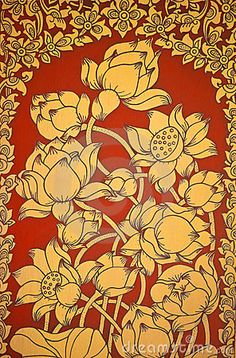 an intricately designed painting with flowers on red and gold background stock photo - rightstocker