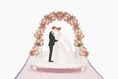 a bride and groom on their wedding day in front of a floral arch with roses