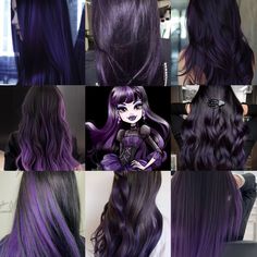 Purple All Over Hair Color, Black Fading Into Purple Hair, Black And Purple Hair Highlights, Black Purple Pink Hair, Dark Purple Hair Ideas, Monster High Purple Hair, Dark Purple Highlights In Black Hair, Purple Highlighted Hair, Elissabat Hair