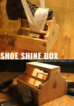 the shoe shine box is made out of wood and has two pairs of shoes in it