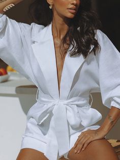 Loose Shawl Collar Plain Vacation Jumpsuit | stylewe Linen Playsuit, Jumpsuit With Belt, Linen Design, Linen Jumpsuit, Short Mini Dress, Evening Party Dress, 5 S, Swimwear Outfit, Club Outfits