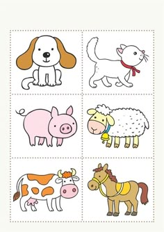 four different pictures of farm animals on white paper