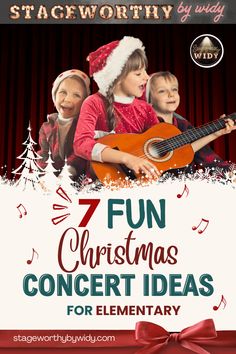 a flyer for a christmas concert with children playing guitar and singing in front of a red curtain