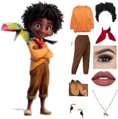 an animated character is shown with various accessories and makeup items for the doll's costume