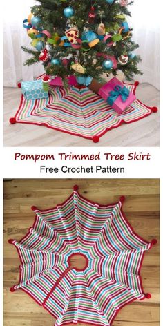 a crocheted christmas tree skirt is shown next to a free crochet pattern