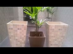 two planters sitting next to each other on the ground in front of a wall