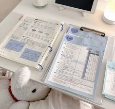 a teddy bear is sitting next to an open book on a desk with other items