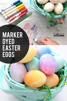 an easter basket filled with painted eggs and markers