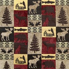 an animal themed rug with moose, trees and houses on it's squares in various colors