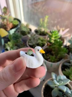 a hand holding a small white duck figurine with succulents in the background