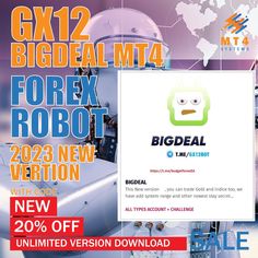 an advertisement for the big deal m t4 forex robot version is shown in this image