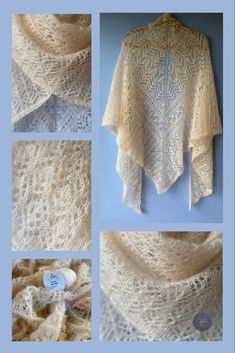 four pictures show different ways to crochet a shawl with lace on it