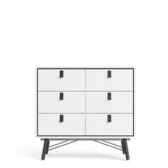 a white dresser with black handles and drawers on it's legs, against a white background