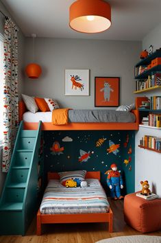 a child's bedroom with bunk beds and bookshelves