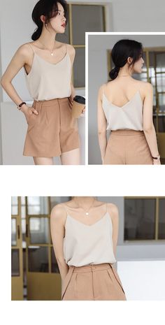 Beige Shorts Outfit Aesthetic, Korean Minimalist Outfit Summer, Beige Everyday Summer Shorts, Highwaist Shorts Outfit Korean, Sleeveless Top Outfit Korean, Beige Shirt Korean Outfit, Beige Shorts Outfit, Simple Style Outfits, Indian Outfits Lehenga