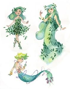 three watercolor drawings of mermaids with green hair