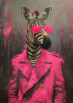 a painting of a zebra wearing a pink coat and sunglasses with its head tilted to the side