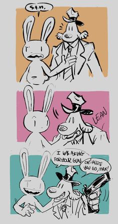 some type of comic strip with rabbits in different colors and characters on it, one is pointing