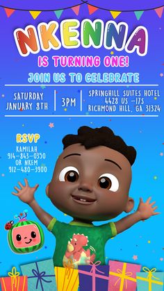 a birthday party flyer with a cartoon character on it