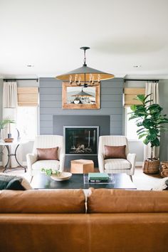 a living room with two couches and a fire place in it's center