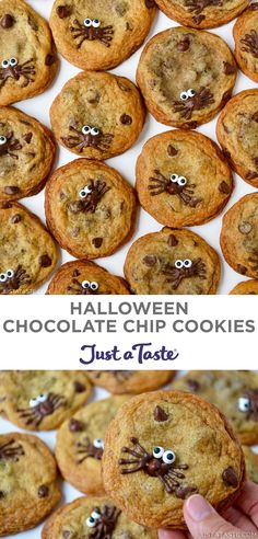 halloween chocolate chip cookies with googly eyes on top and the words just tater written in